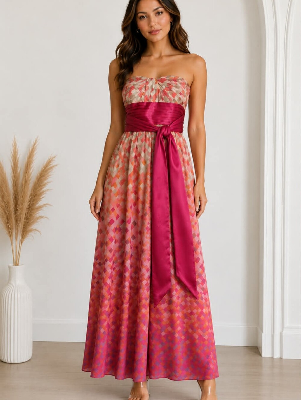💯% Silk BCBGMaxAzria Strapless Pink and Coral Geometric Maxi Dress